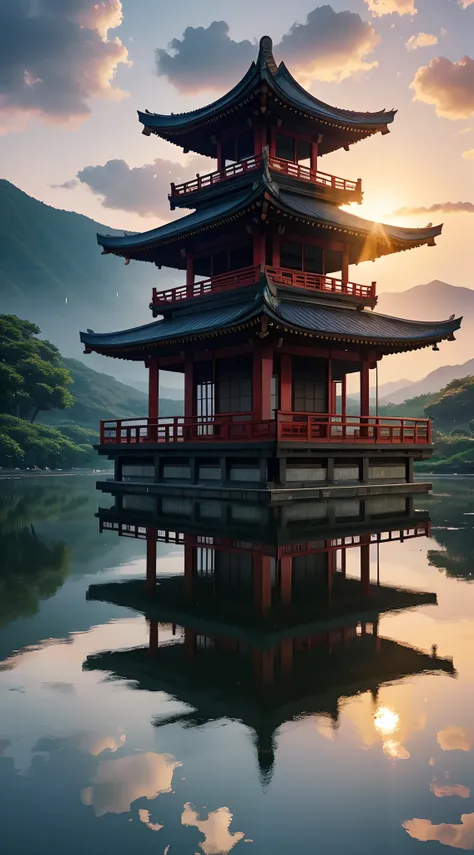 SFW, 1girl, solo focus, pov, very wide shot, landscape, east asian architecture, sunlight, sunrise, floating, cloud, sky, rain, water, full body, outdoors, scenery, depth of field