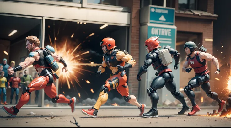 action figures running away from an explosion