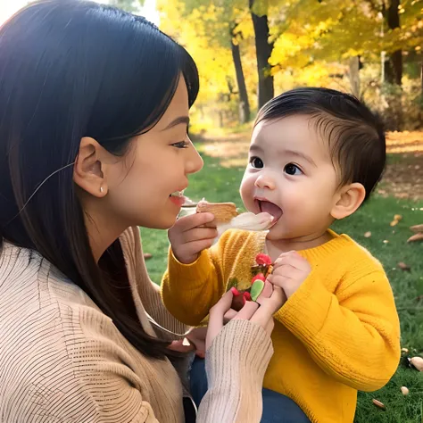 The season is autumn、happy family、home cooking、The child is eating、There are a lot of them around the mouth.、Mother watching next to her child、