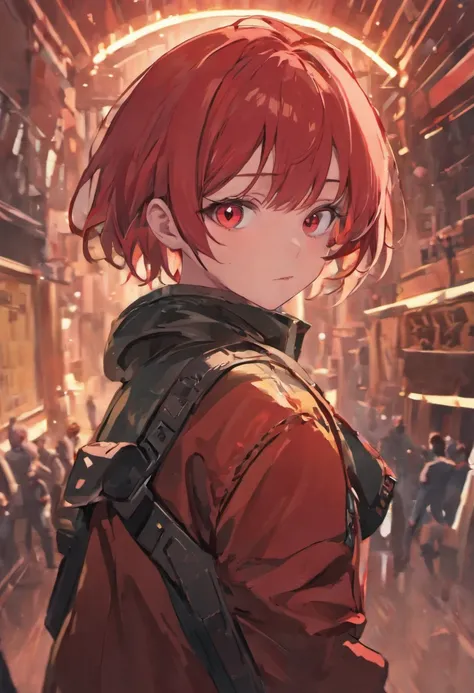 (best quality,4k,8k,highres,masterpiece:1.2),ultra-detailed,realistic,anime,red short hair,red pupils,detailed eyes and lips,deep red leather jacket,black fingerless gloves,black tactical belt