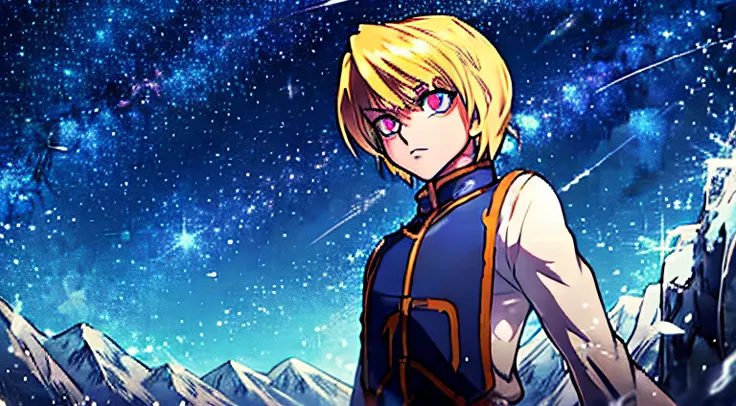 kurapika, hunter x hunter character stands on a mountain with starry sky, in with devilish eyes