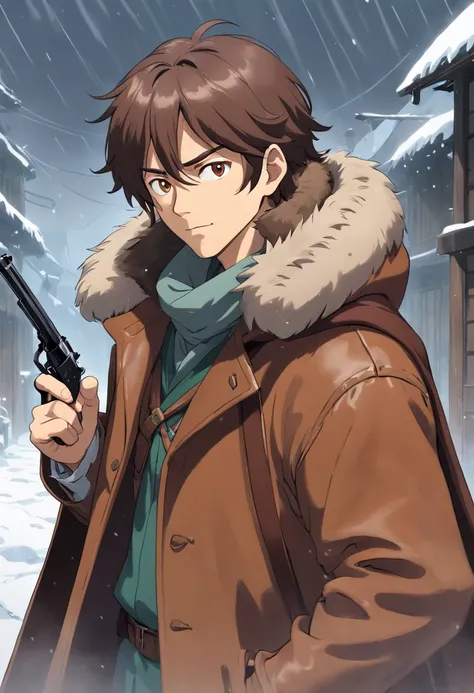 A middle aged man with long, brown hair that covers his eyes, wearing a long brown leather coat with a fur hood, holding a hunters pistol. A background with a grey sky, heavy snowfall, and dense fog