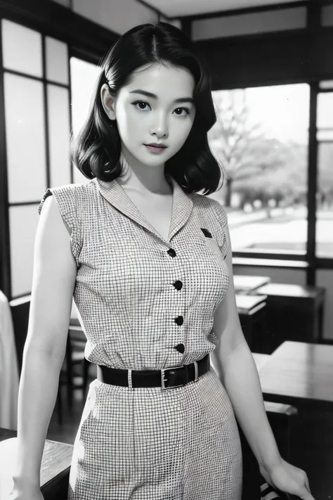 1womanl、(Solo:1.3)、(Super beautiful)、(ultra beautiful faces)、Japan actresses of the 1950s、(Clothes that were popular in the United States in the 1950s)、upperbody shot、(Monochrome photography)