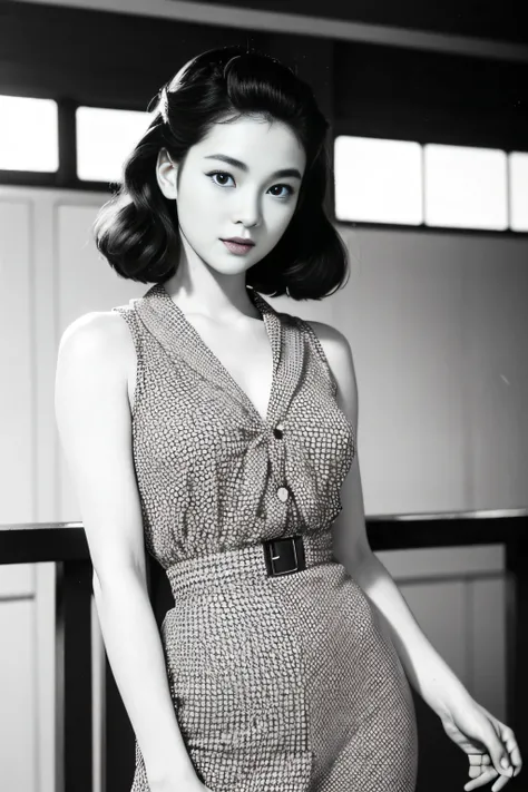 1womanl、(Solo:1.3)、(Super beautiful)、(ultra beautiful faces)、Japan actresses of the 1950s、(Clothes that were popular in the United States in the 1950s)、upperbody shot、(Monochrome photography)