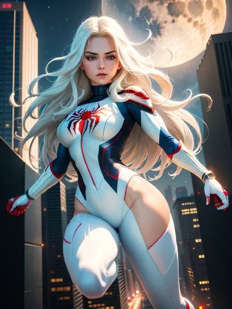 (Masterpiece, 4k resolution, ultra-realistic, very detailed), (White superhero theme, charismatic, there is a girl on top of the city, wearing Spider-Man costume, she is a superhero), [ (( 25 years old), (long white hair:1.2), full body, (blue eyes:1.2), (...