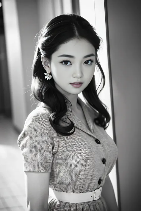 1womanl、(Solo:1.3)、(Super beautiful)、(ultra beautiful faces)、Japan actresses of the 1950s、(Clothes that were popular in the United States in the 1950s)、upperbody shot、(Monochrome photography)