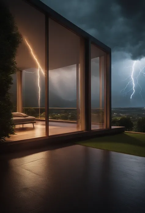 Crie um objeto gigante parecendo uma arquitetura abstrata e moderna com design linear com design de luz misterioso, The weather is rainy , Dramatic sky with dark clouds and lightning(melhor qualidade:1.23),(Realistic:1.24)8K landscape rendering