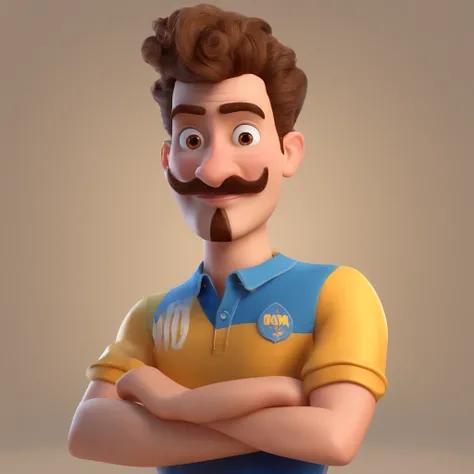 Create a character in the Pixar Disney style, a Caucasian white man with light brown afro hair, dark brown eyes, a mustache, two diamond earrings in the left ear, and a diamond nose piercing on the left side, wearing hip-hop clothing.