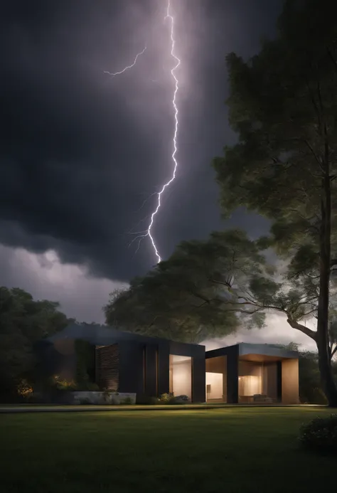 Crie um objeto gigante parecendo uma arquitetura abstrata e moderna com design linear com design de luz misterioso, The weather is rainy , Dramatic sky with dark clouds and lightning(melhor qualidade:1.23),(Realistic:1.24)8K landscape rendering