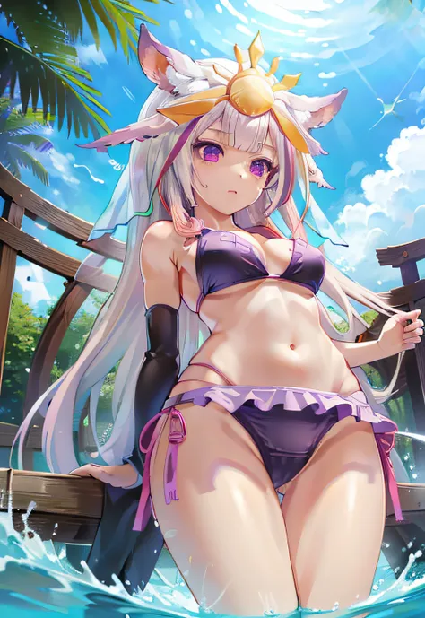 masterpiece, best quality, absurd Res, perfect anatomy, simple background, (((front views))), (((from below))), Mori Base, white long hair, (((larger breasts:0.9))), veil, hair ornament, white high socks, black geta, (((Purple side string bikini))), (((for...