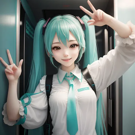 Hatsune Miku holding up the peace sign with her fingers with Jesus in the elevator with her