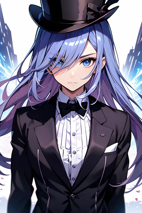 anime character dressed in tuxedo and top hat with a magic wand, maga feminina, cabelo azul longo, marin kitagawa fanart, anime ...