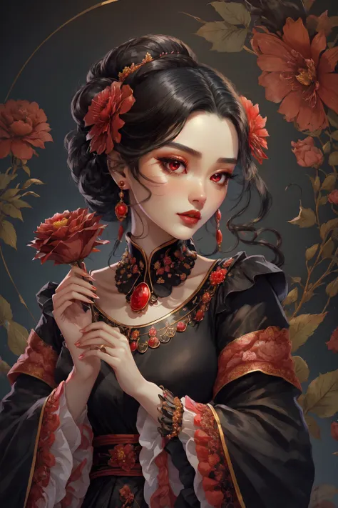 Paint_Style, 1girl, solo, looking at viewer, black hair, hair ornament, long sleeves, dress, holding, brown eyes, jewelry, upper body, flower, earrings, hair flower, wide sleeves, necklace, petals, makeup, rose, chinese clothes, lipstick, black background,...