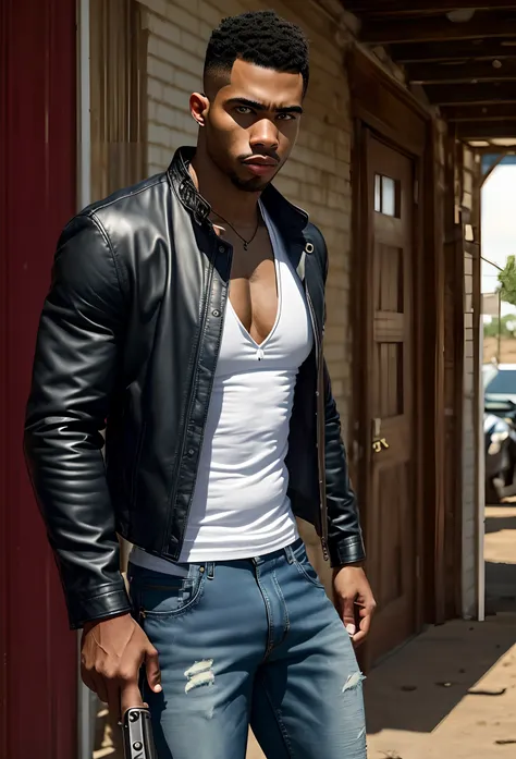 Epic Character, tall muscular African-American man, skin-tight fade haircut, long open leather jacket, white tank top under leather jacket, large baggy jeans, boots, 1000 mile stare, shook one, insane eyes, guns and knives