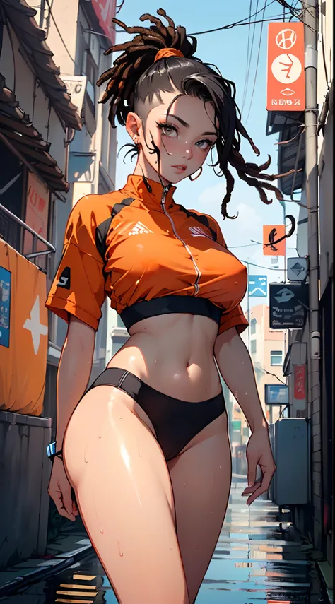 girl sporty,((attractive girl)),

(large breasts:1.4),saggy breasts,(((black hair:1.4,hi-top fade Haircut:1.5,hi-top fade:1.5,ponytail hairstyle with dreadlocks:1.5))),((heterochromia:1.5, (orange_eye and yellow_eye))),intricate eyes,beautiful detailed eye...