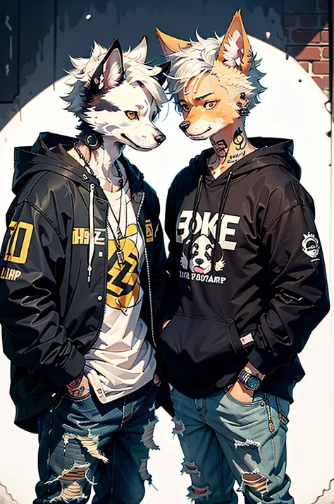 Two cool and trendy dogs talking to each other, White hair, Yellow eyes, Wear trendy hip-hop clothes, Wearing a hoodie, Graphic T-shirt and ripped jeans, Lots of tattoos and piercings, Doodle style background, Highly detailed background, perfect masterpiec...