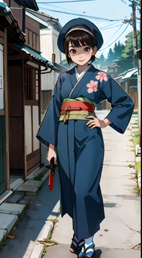 {{{masterpiece}}}, {{{best quality}}}, {{ultra-detailed}}, {illustration}, {{an extremely delicate and beautiful}},(Edo townscape),1girl, cute girl, solo, japanese clothes, short hair, weapon, sword, brown eyes, looking at viewer, kimono, brown hair, lips,...