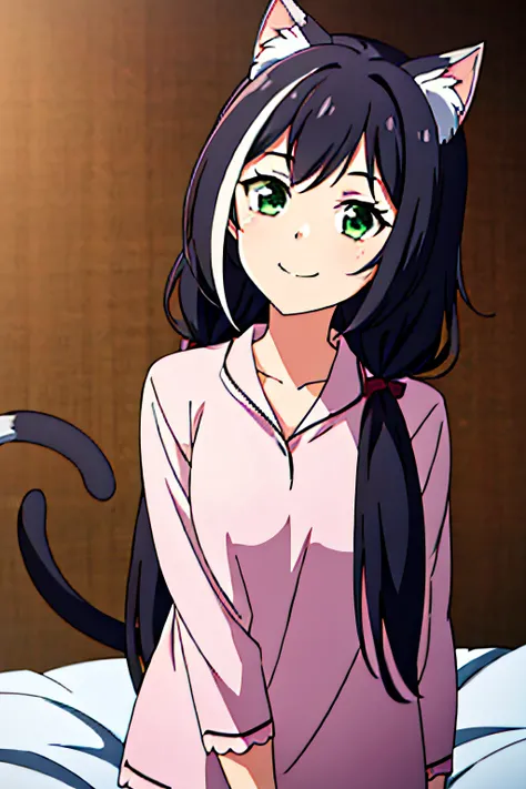 green eyes, very long hair, black hair, low twintails, 1girl, solo, upper body, facing viewer, looking at viewer, smile, karylsleep, cat ears, cat tail, shirt, short shorts, pajamas,