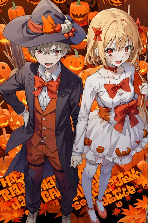 anime couple dressed in halloween costumes standing in front of pumpkins, trick or treat, loli, 🍂 cute, halloween celebration, by Kamagurka, halloween theme, zerochan, halloween night, halloween art style, zerochan art, 🍁 cute, in a halloween style, hallow...