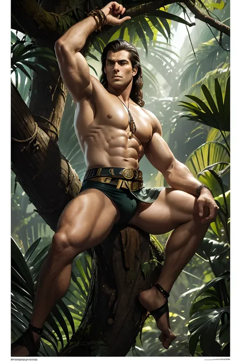 Arte inspirada no melhor estilo Jim Steranko,Lorde Clayton Gleystoke aka Tarzan ,The monkey man on top of a branch of a big tree, Scene in classic 50s style,Lex Barker como Tarzan, arte expressiva e detalhista, Perfect hands and face, Perfect Physical Stru...