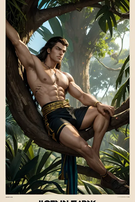 Arte inspirada no melhor estilo Jim Steranko,Lorde Clayton Gleystoke aka Tarzan ,The monkey man on top of a branch of a big tree, Scene in classic 50s style,Lex Barker como Tarzan, arte expressiva e detalhista, Perfect hands and face, Perfect Physical Stru...