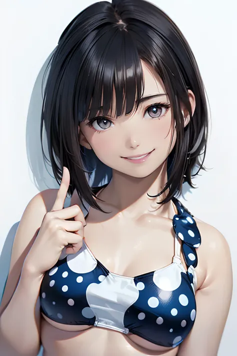 (Best Quality, 8K, Oil Painting, masutepiece:1.2), Ultra-detailed, (Realistic, Photorealistic:1.37), (((bustshot)))、(((Black hair)))、(((white and blue bikini)))、(((upperbody shot)))、(((Dot pattern bikini)))、(((２０Women of a certain age)))、(((Small Micro Bik...