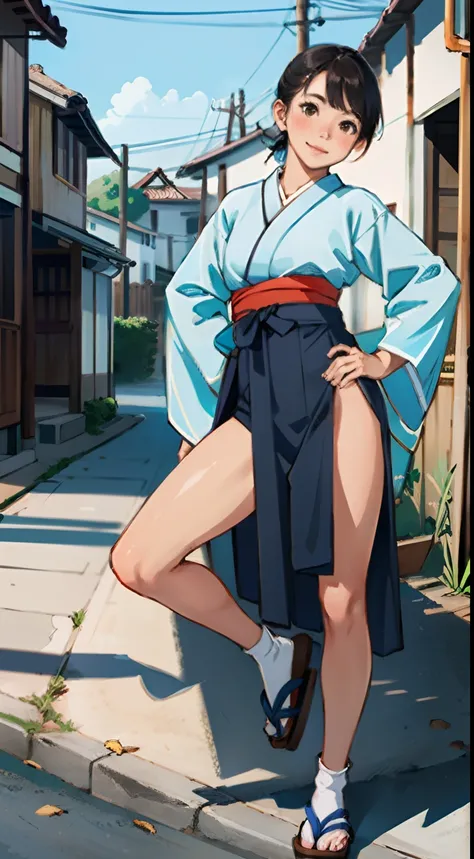 {{{masterpiece}}}, {{{best quality}}}, {{ultra-detailed}}, {illustration}, {{an extremely delicate and beautiful}},(Edo townscape),1girl, cute girl, solo, japanese clothes, short hair, weapon, sword, brown eyes, looking at viewer, kimono,(Clothes come off:...