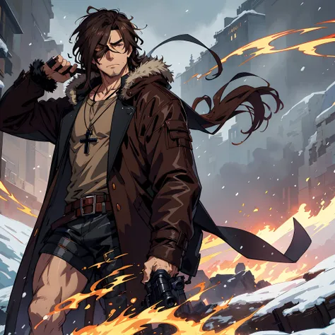 Anime style, middle aged man with very long shoulder length brown hair that reaches his shoulders, eyes blocked by his hair, wearing a cross necklace, wearing a black bandana over his eyes, wearing a long brown leather coat with a fur hood, holding a hunte...