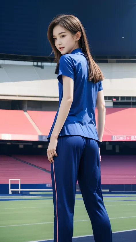 (bestquality,10,10,highres,masterpiece:1.2),ultra-detail,(Realistic,photorealistic portrait,photo-realistic:1.37),1 Cute girl in the football field,oily shiny skin,bara,light smile,BDclothes,((blue shirt:1.3)),short sleeves,shirt, trousers.,(navy_long_Pant...