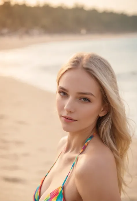 A beautiful thin girl with long blonde hair, in the beach wearing a colorful bikini, Hot thin body flat belly big boobs, beautiful realistic