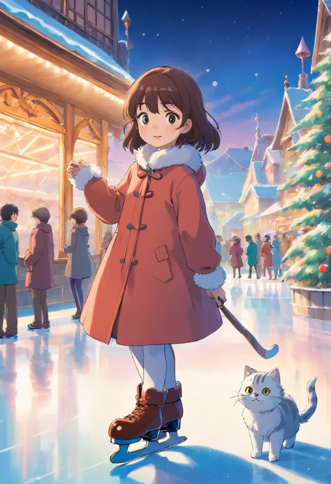 A girl and a cute kitten with round eyes, Ice skating at the ice rink.