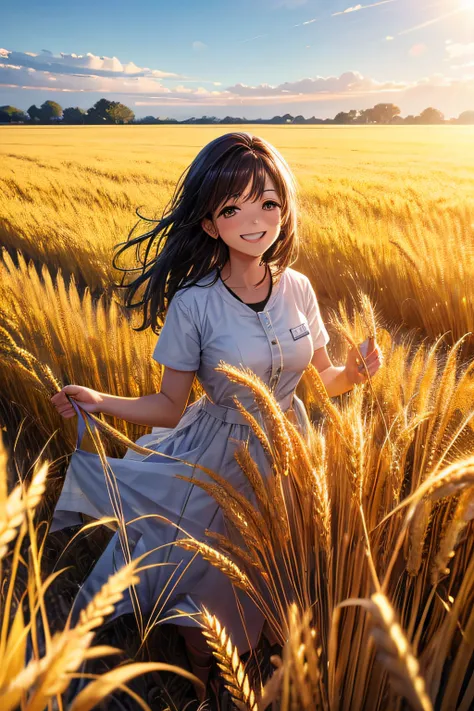 Na cena real, Workers stand in the field in a wheat field, sorrindo e brincando uns com os outros