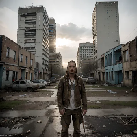 White man with dreadlocks and hair shaved on the sides, dans un paysage apocalyptique,horde de zombies, Dayz (en anglais seulement) , photoreallistic, Tchernobyl , centre ville, Dilapidated buildings