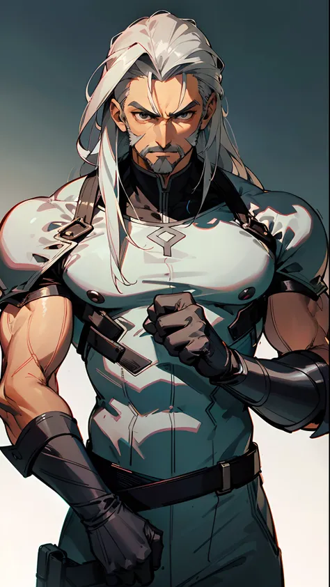 Handsome man , Gray hair , long hair , silver eyes , brown skin , ((very muscular:1.3)), ((gray facial hair:1.1)), muscular arms ,  very tall , age 60                                                                                  ,(masterpiece, best qual...