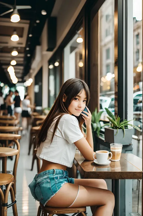 photograph of a girl in a cafe wearing white shorts, stopping by to say hi --auto --s2