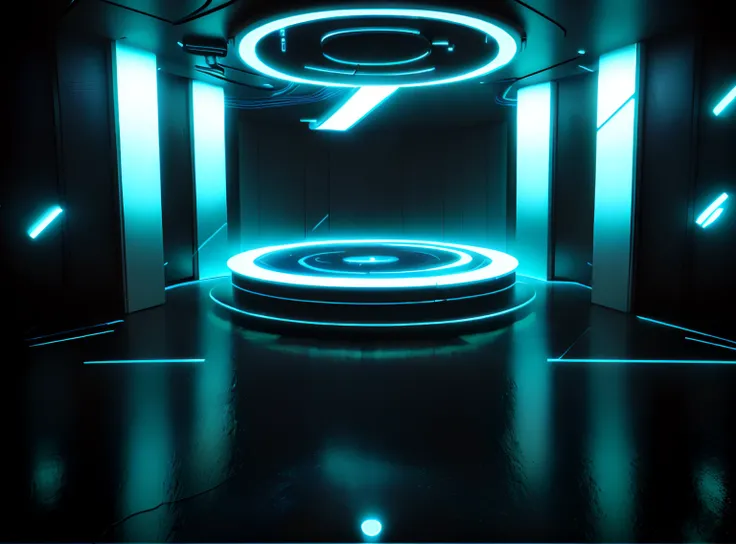 White round podium with neon lights in a dark room, Futuristic stereoscopic lighting, Futuristic room background, Virtual Sets, Futuristic Halls, well lit 3 d render, futuristic setting, Lights up even in 3D rendering, futuristic room, futuristic lighting,...