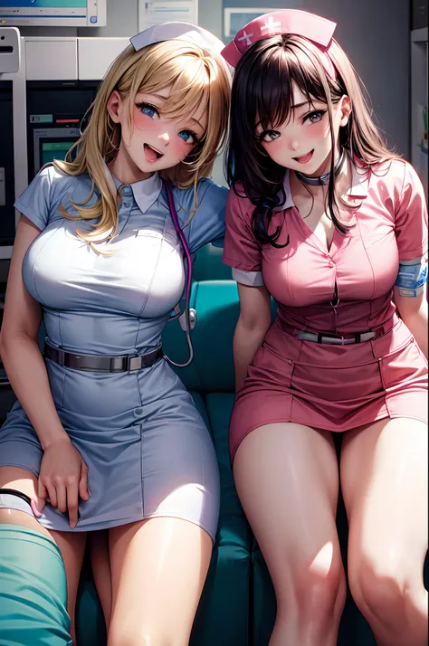 best quality,4k,highres,ultra-detailed,realistic,photorealistic:1.37,professional,bright colors,dynamic lighting,medical setting,seductive nurses,playful and mischievous behavior,lively atmosphere,female nurses,laughing and joking,practical jokes,nurse uni...