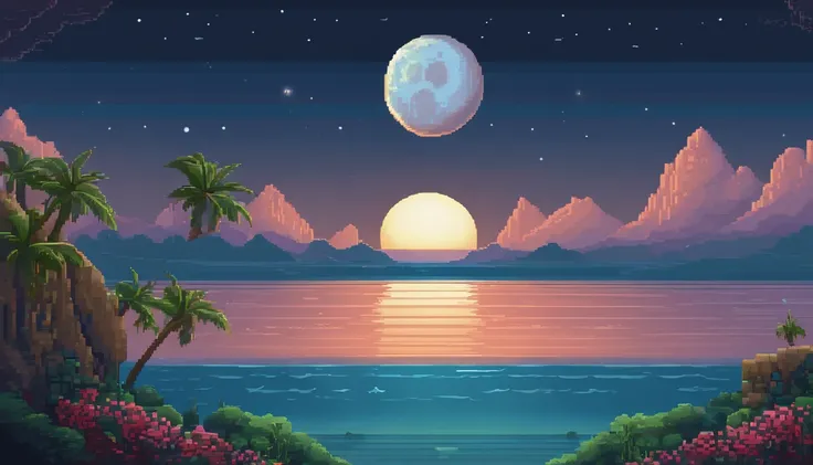 Pixel art of a huge moon rising on the calm sea, beautiful detailed pixel art, detailed pixel art, lo-fi retro videogame, concept pixelart, detailed pixel artwork, Pixel art style, pixel town, pixel art animation, high quality pixel art, Dolphins leap from...