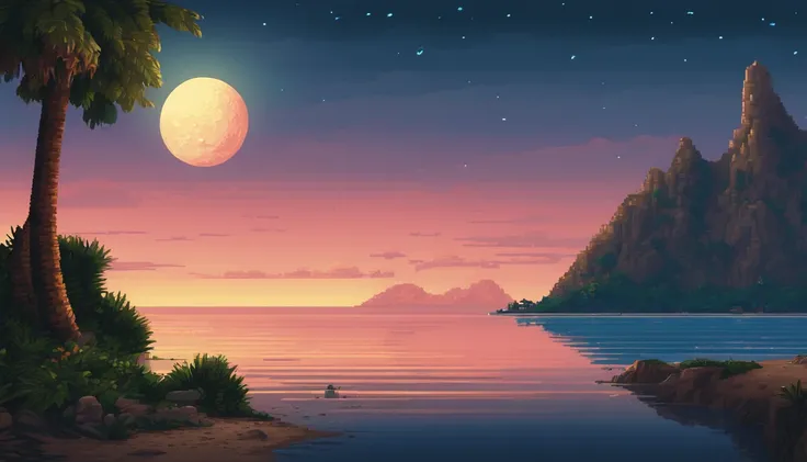 Pixel art of a huge moon rising on the calm sea, beautiful detailed pixel art, detailed pixel art, lo-fi retro videogame, concept pixelart, detailed pixel artwork, Pixel art style, pixel town, pixel art animation, high quality pixel art, Dolphins leap from...