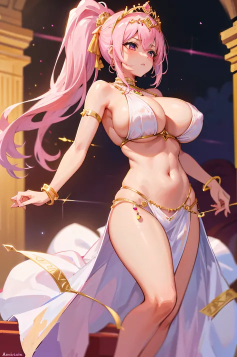 4k.hight resolution,One Woman,White pink hair,Short ponytail,huge tit,dancer,Arabian princess,Arabic dancer dresses,Navel Ejection,Gold Bracelet Red,Lots of jeweled costumes,The Queens Tiara,Inside the palace