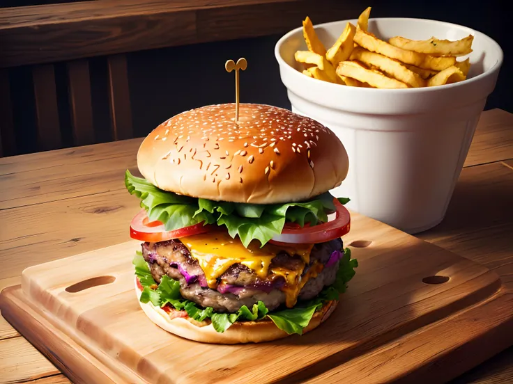 Burger using a
 Top hat on top of a rustic board table .