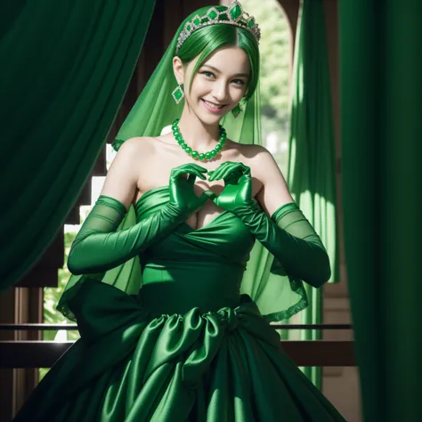 emerald tiara, Green Pearl Necklace, Boyish very short green hair, lipsticks, Japan woman smiling, very short short hair,  big breasts beautiful, Green eyes, Long green gloves made of satin material, Green eyes, Emerald Earrings, green vale, Heart with bot...