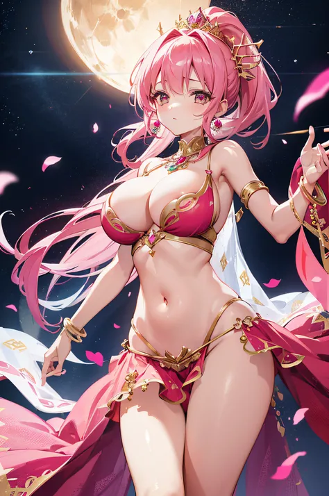 4k.hight resolution,One Woman,Pink hair,Short ponytail,huge tit,hime,Pink Arabian Dancer Dress,Navel Ejection,Gold Bracelet Red,Gemstone Earrings,jeweled costume,The Queens Tiara,Inside the palace