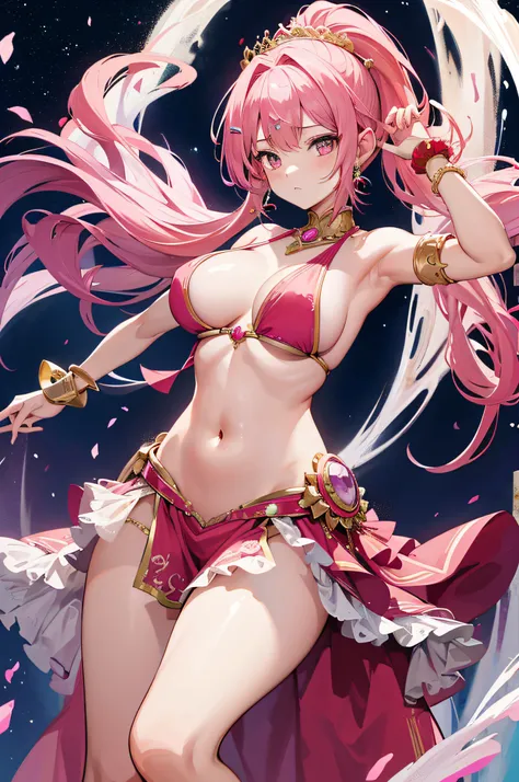 4k.hight resolution,One Woman,Pink hair,Short ponytail,huge tit,hime,Pink Arabian Dancer Dress,Navel Ejection,Gold Bracelet Red,Gemstone Earrings,jeweled costume,The Queens Tiara,Inside the palace