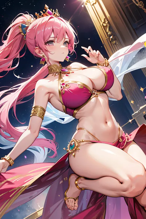 4k.hight resolution,One Woman,Pink hair,Short ponytail,huge tit,Arabian princess,Pink Arabian Dancer Dress,Navel Ejection,Gold Bracelet Red,Gemstone Earrings,jeweled costume,The Queens Tiara,Inside the palace