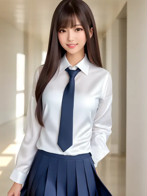 product quality, 1girl, upper body shot, front view, a Japanese young pretty woman, long bob hair, walking with a big smile on a school hallway in the sunset, a school bag over her shoulder, glamorous figure, wearing a long sleeve white collared silky sati...