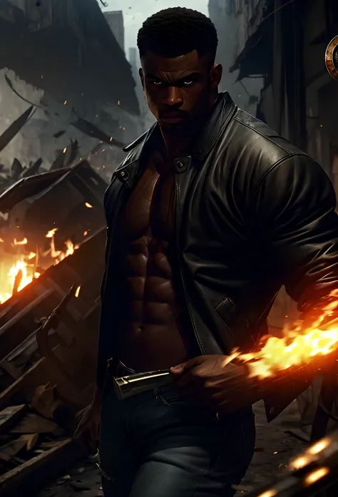 Epic Character, Epic image, focus on eyes, portrait, tall muscular African-American man, huge strong intimidating man, huge bulky muscles, skin-tight fade haircut, long open leather jacket, white tank top under leather jacket, large baggy jeans, boots, 100...