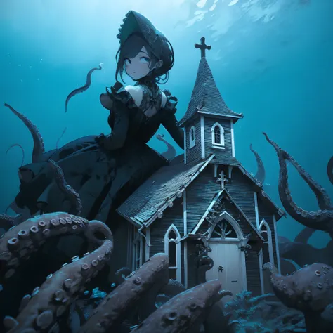 undersea church. she's a girl leaning out from behind the church. she's a huge girl. she wears a gothic dress. tentacles envelop...