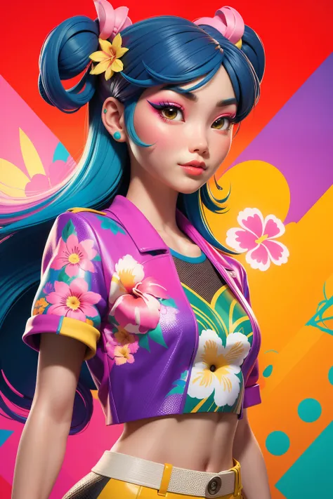 3dmm style, Create digital artwork in the Pop Art style, Featuring a vibrant and confident young Asian girl，street fashion, Movie color scheme, Surrounded by vintage flower motifs, Vibrant brushstrokes,Emotions should be dynamic, Upper body, Drawing, illus...