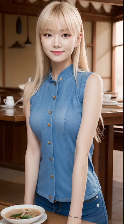 Realistic photos of (1 cute Korean star) blonde hair, thin makeup, slightly smile, 32 inch breasts size, wearing blue sleeveless top, pants, sitting in tea house,  close-up portrait, UHD